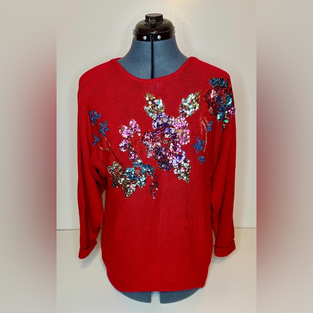 Vintage Victoria Jones Woman Red Sweater with Floral Sequin Design